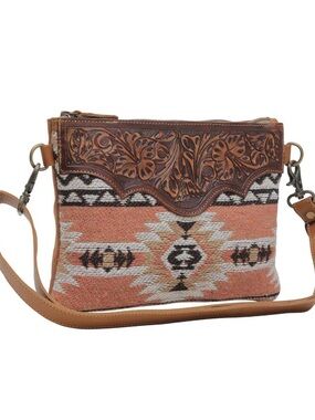 Southwestern Embroidered Hand-Tooled Leather Trim Crossbody Bag - Peach Multi